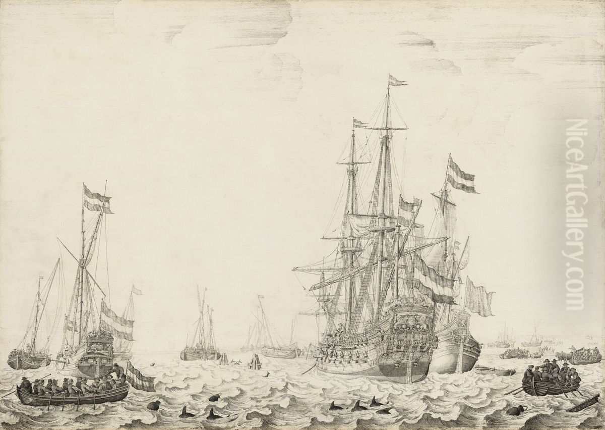 Dutch Ships near the Coast Oil Painting by Willem van de, the Elder Velde
