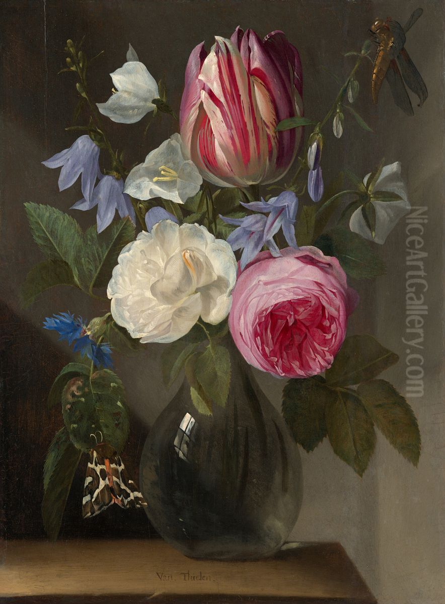 Roses and a Tulip in a Glass Vase Oil Painting by Jan Philip van Thielen