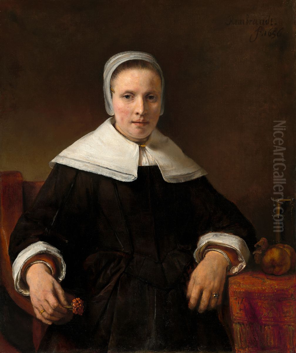 A Woman Holding a Pink Oil Painting by Rembrandt