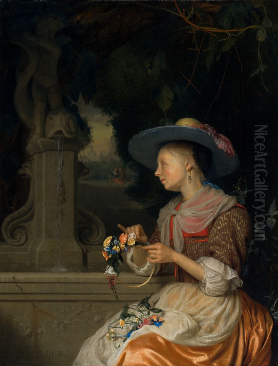 Woman Weaving a Crown of Flowers Oil Painting by Godfried Schalcken