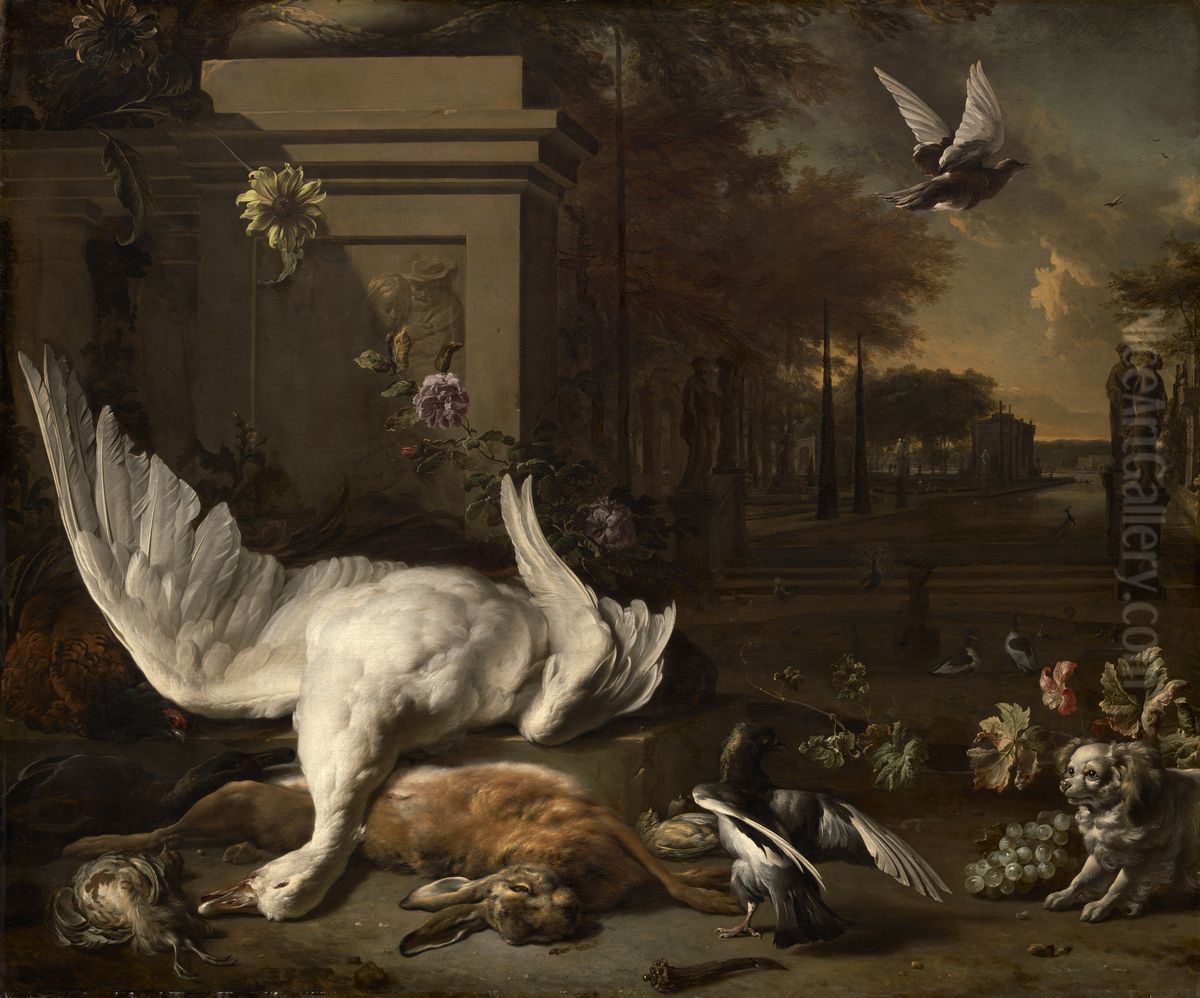Still Life with Swan and Game before a Country Estate Oil Painting by Jan Weenix