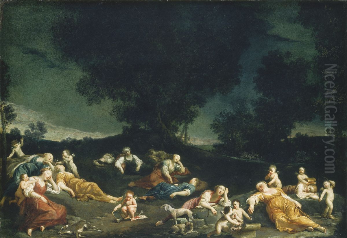 Cupids Disarming Sleeping Nymphs Oil Painting by Giuseppe Maria Crespi