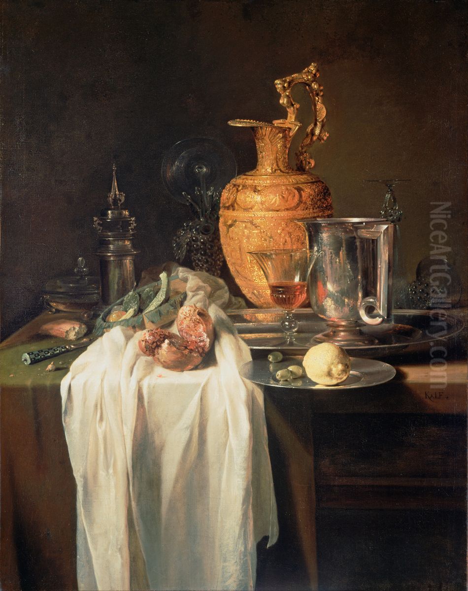 Still Life with Ewer, Vessels and Pomegranate Oil Painting by Willem Kalf
