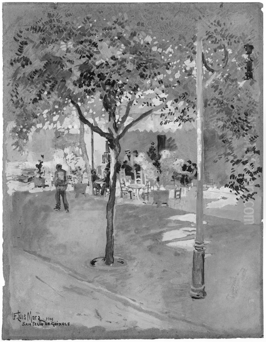 Street Cafe-San Felio de Quixols Oil Painting by F. Luis Mora