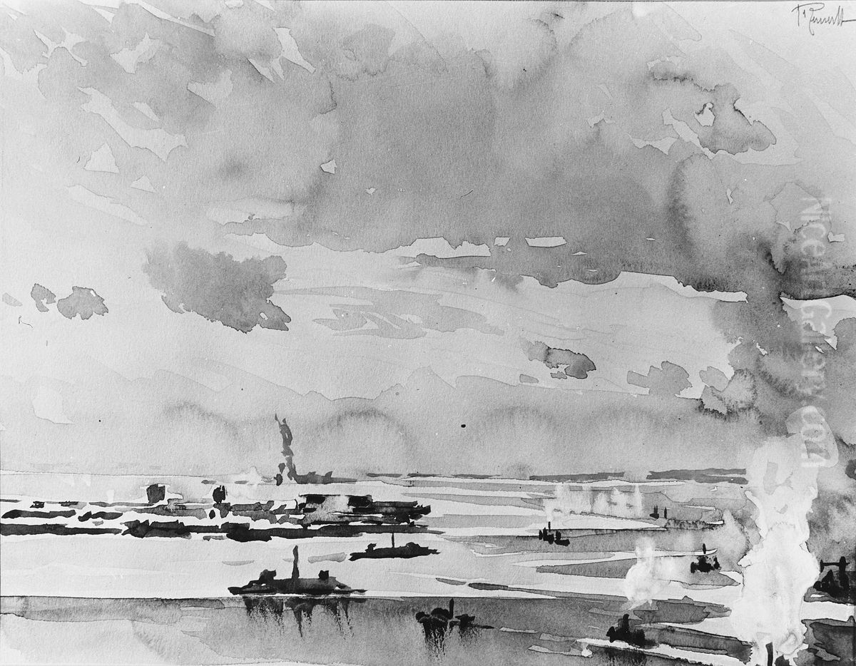 Ice Around Governor's Island Oil Painting by Joseph Pennell