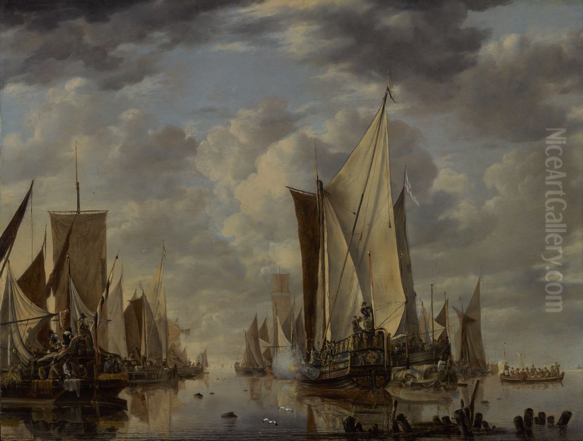 Shipping in a Calm at Flushing with a States General Yacht Firing a Salute Oil Painting by Jan Van De Cappelle