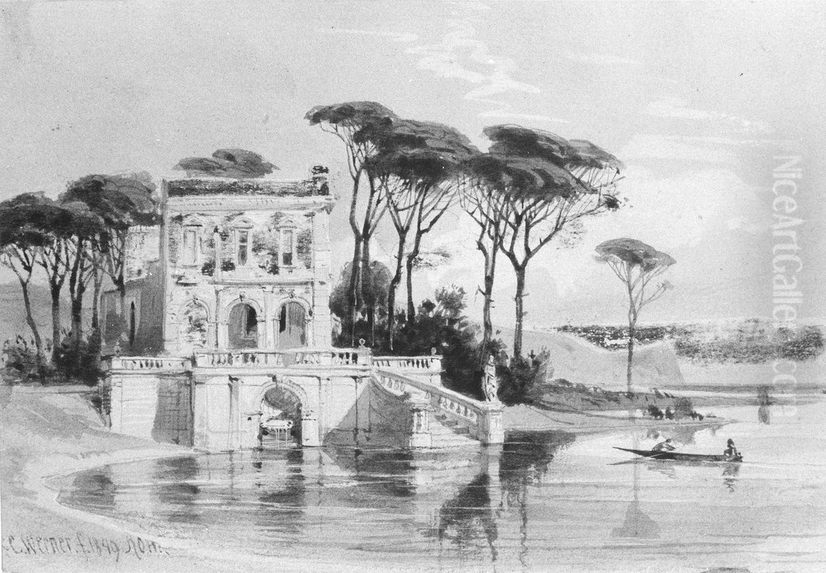 Italian Lake Scene with Villa (from Cropsey Album) Oil Painting by Carl Werner