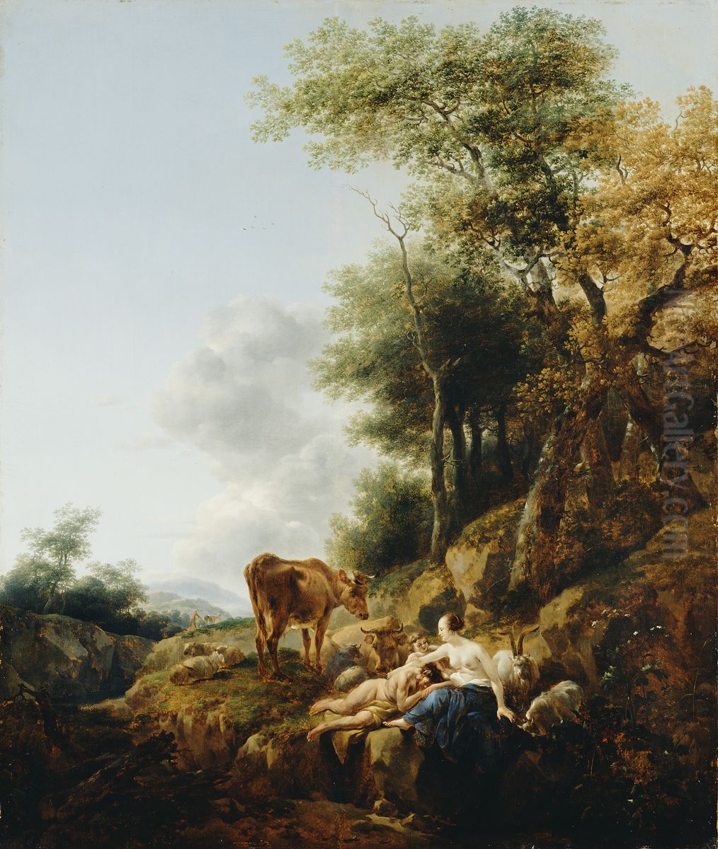 Landscape with a Nymph and a Satyr Oil Painting by Nicolaes Pieterszoon Berchem