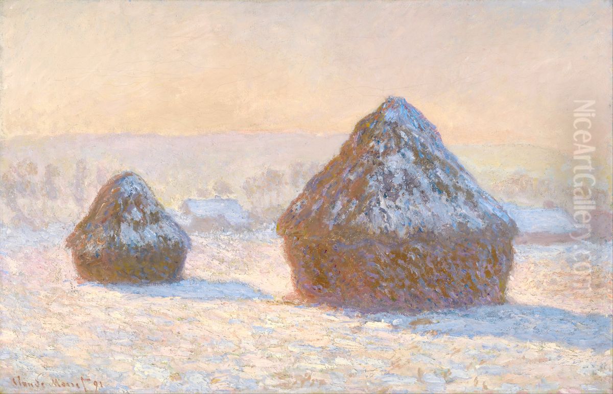 Wheatstacks, Snow Effect, Morning Oil Painting by Claude Oscar Monet