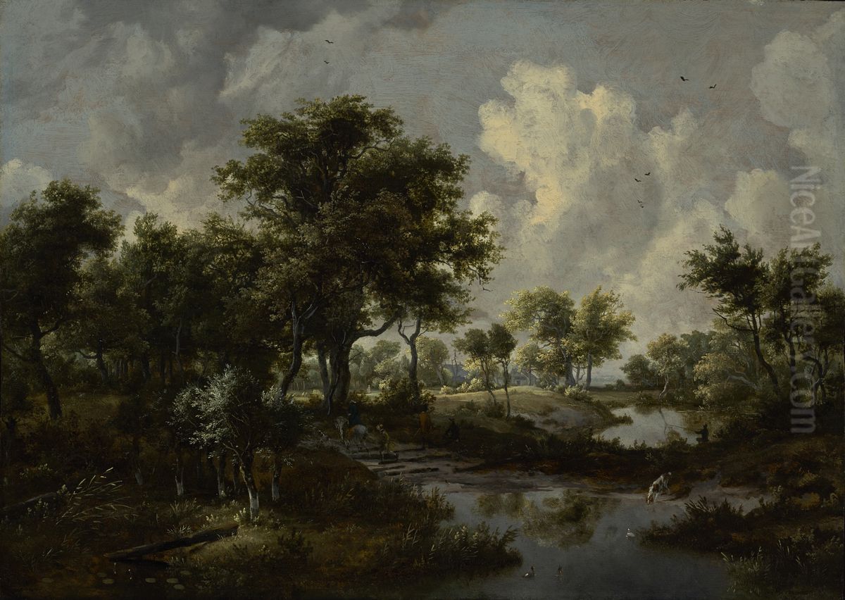 A Wooded Landscape Oil Painting by Meindert Hobbema