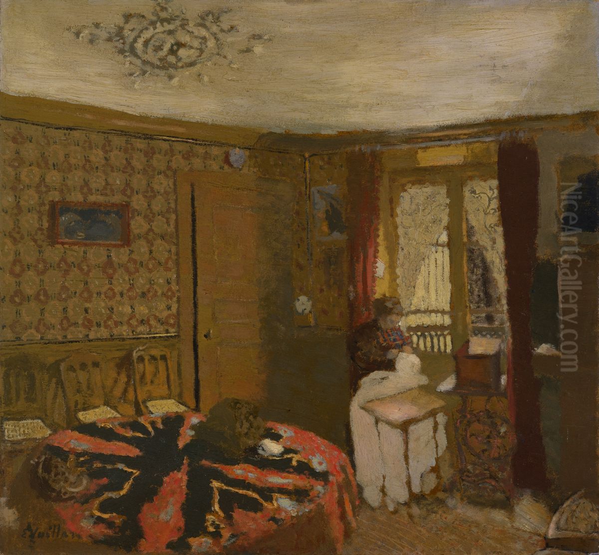 Mme Vuillard Sewing by the Window, rue Truffaut Oil Painting by Jean-Edouard Vuillard