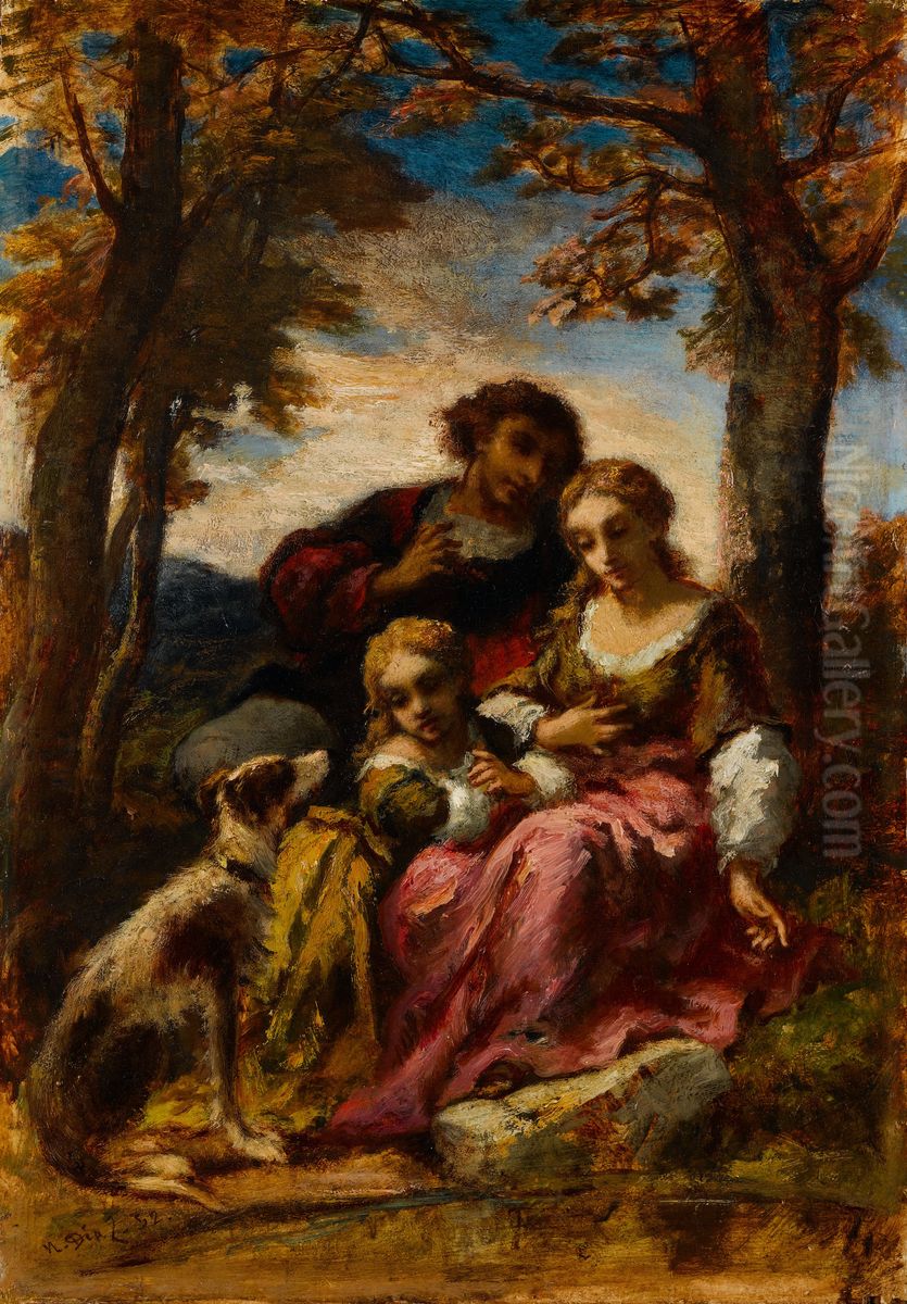 Figures and a Dog in a Landscape Oil Painting by Narcisse Virgilio Diaz