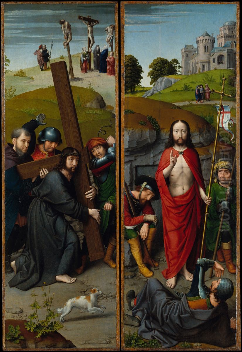 Christ Carrying the Cross, with the Crucifixion; The Resurrection, with the Pilgrims of Emmaus Oil Painting by Gerard David