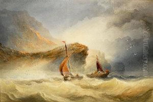 FishingBoats In Rough Sea Oil Painting by Joseph Newington Carter