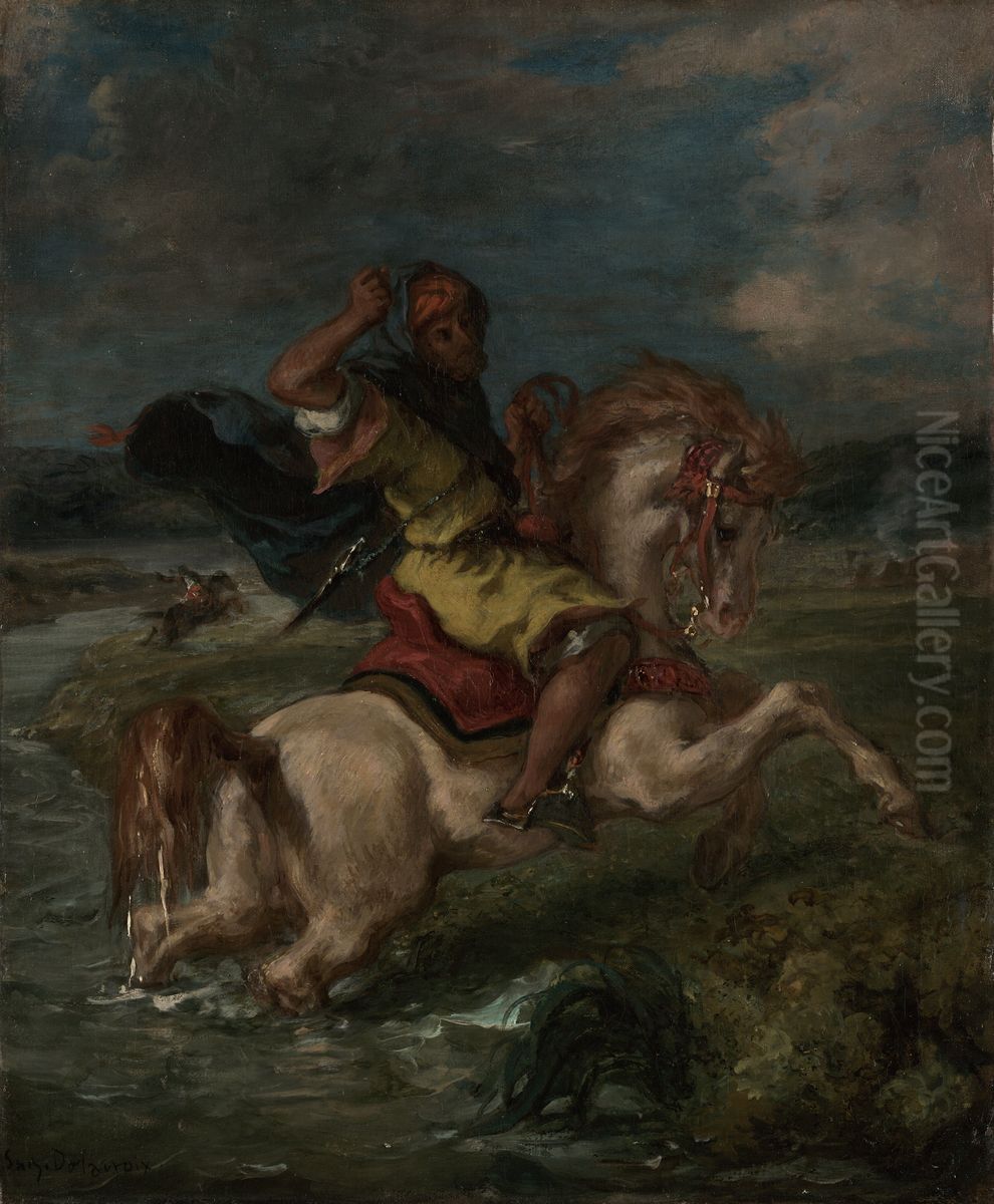 Moroccan Horseman Crossing a Ford Oil Painting by Eugene Delacroix