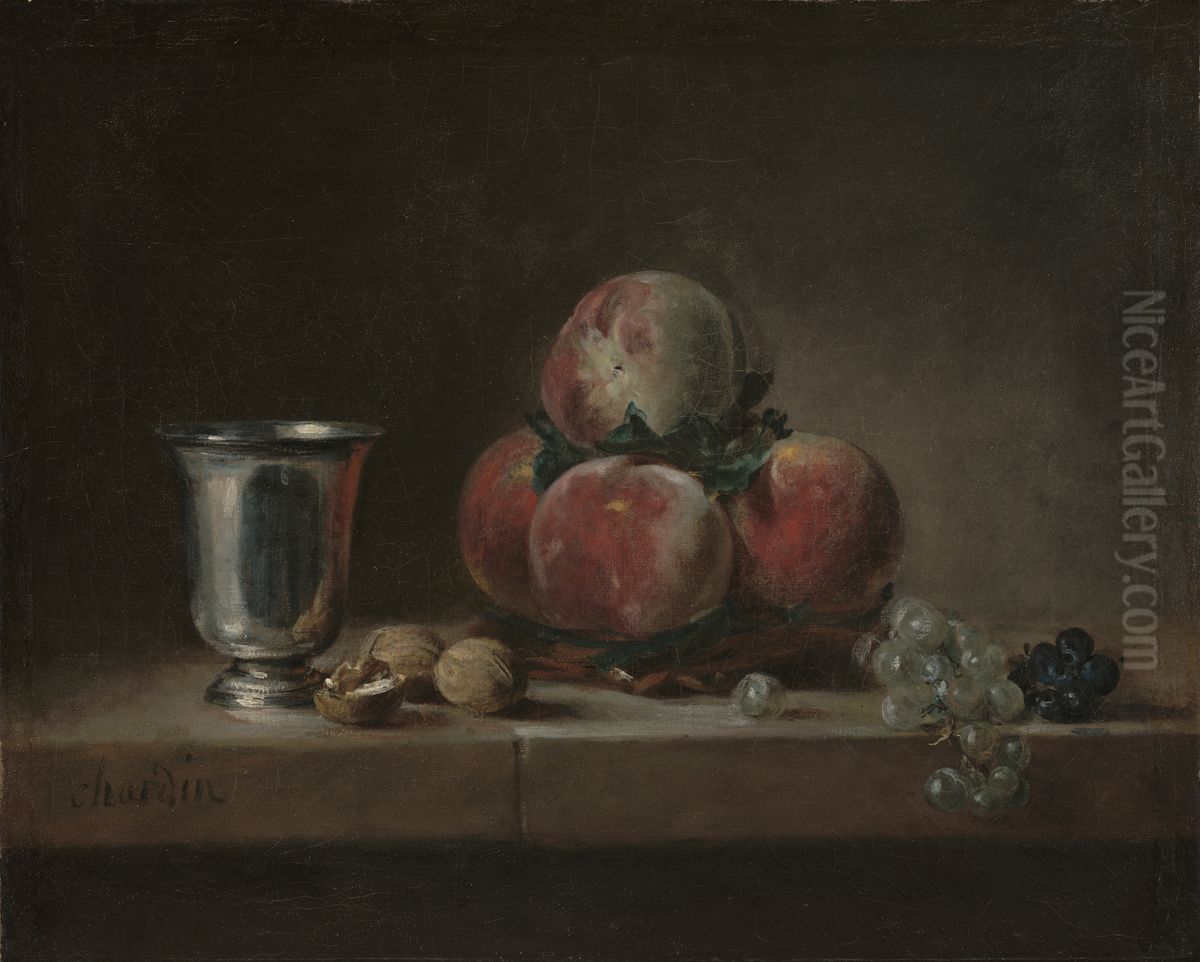 Still Life with Peaches, a Silver Goblet, Grapes, and Walnuts Oil Painting by Jean-Baptiste-Simeon Chardin