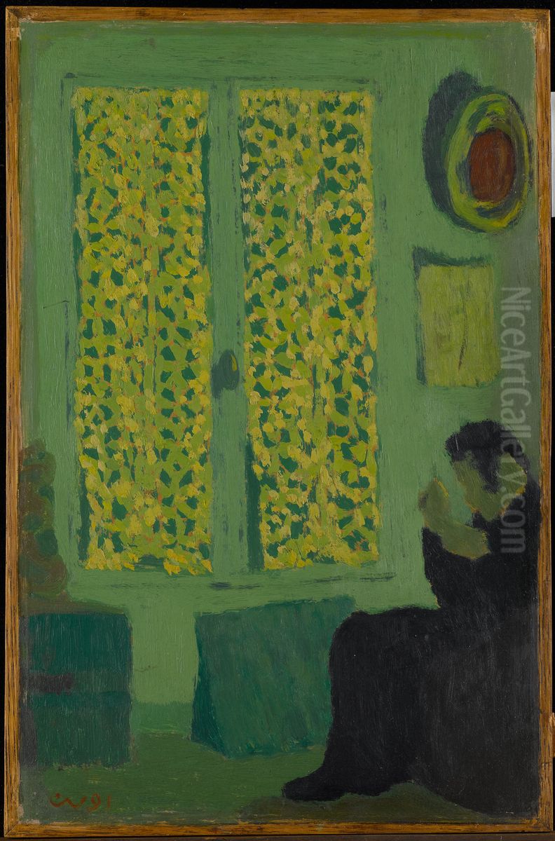 L'Interieur vert ou Figure aupres d'une fenetre a rideaux fermes Oil Painting by Jean-Edouard Vuillard
