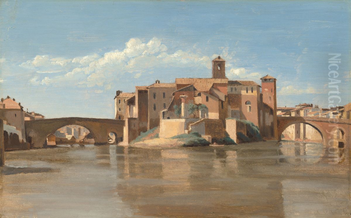 The Island and Bridge of San Bartolomeo, Rome Oil Painting by Jean-Baptiste Camille Corot