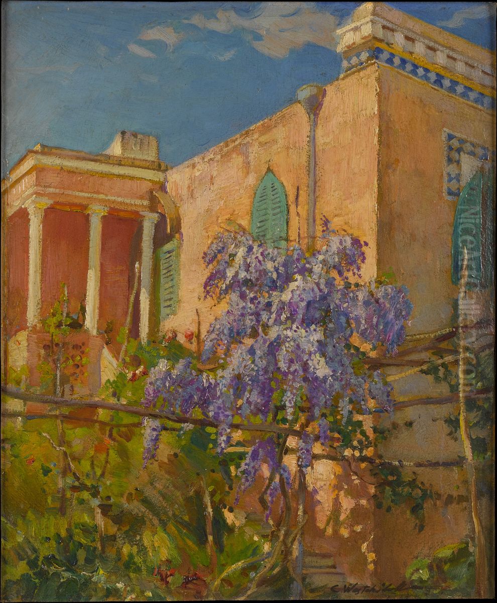 A House with Flowering Trees along the Amalfi Coast of Italy Oil Painting by Constantin Westchiloff