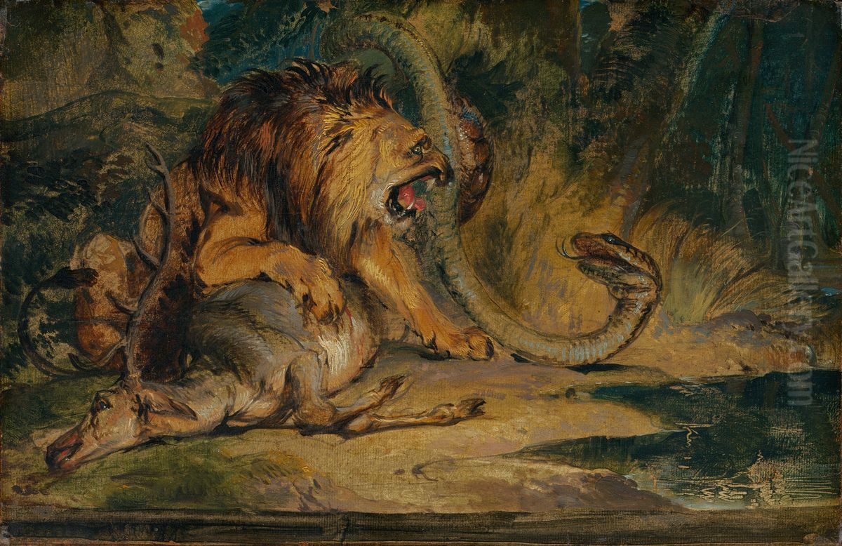 Lion Defending its Prey Oil Painting by Sir Edwin Henry Landseer