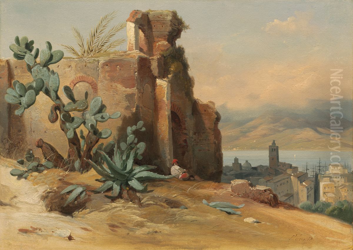 Ancient Ruins near Messina, Sicily Oil Painting by Jean-Charles-Joseph Remond