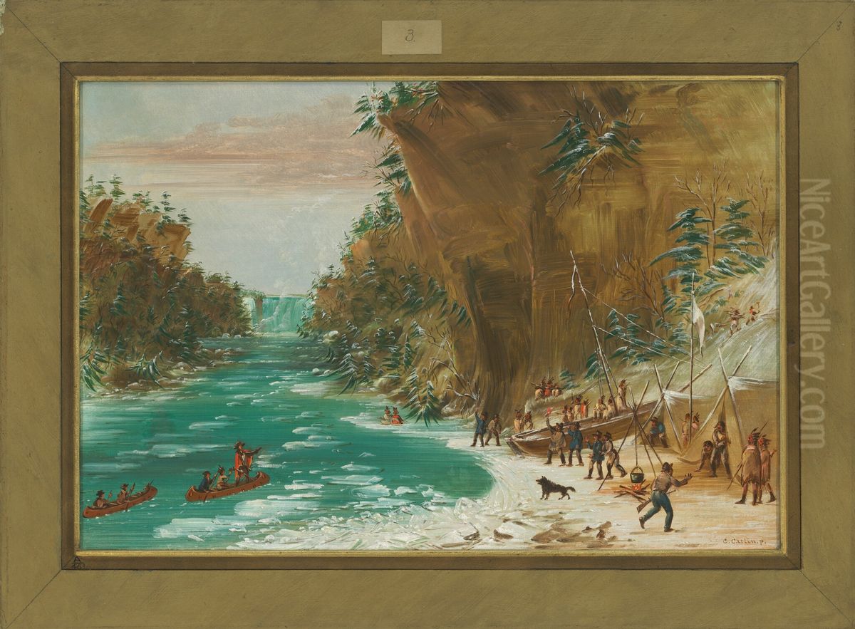 The Expedition Encamped below the Falls of Niagara.  January 20, 1679 Oil Painting by George Catlin