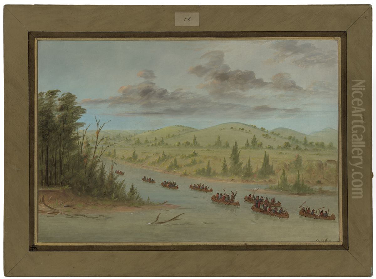 La Salle's Party Entering the Mississippi in Canoes Oil Painting by George Catlin