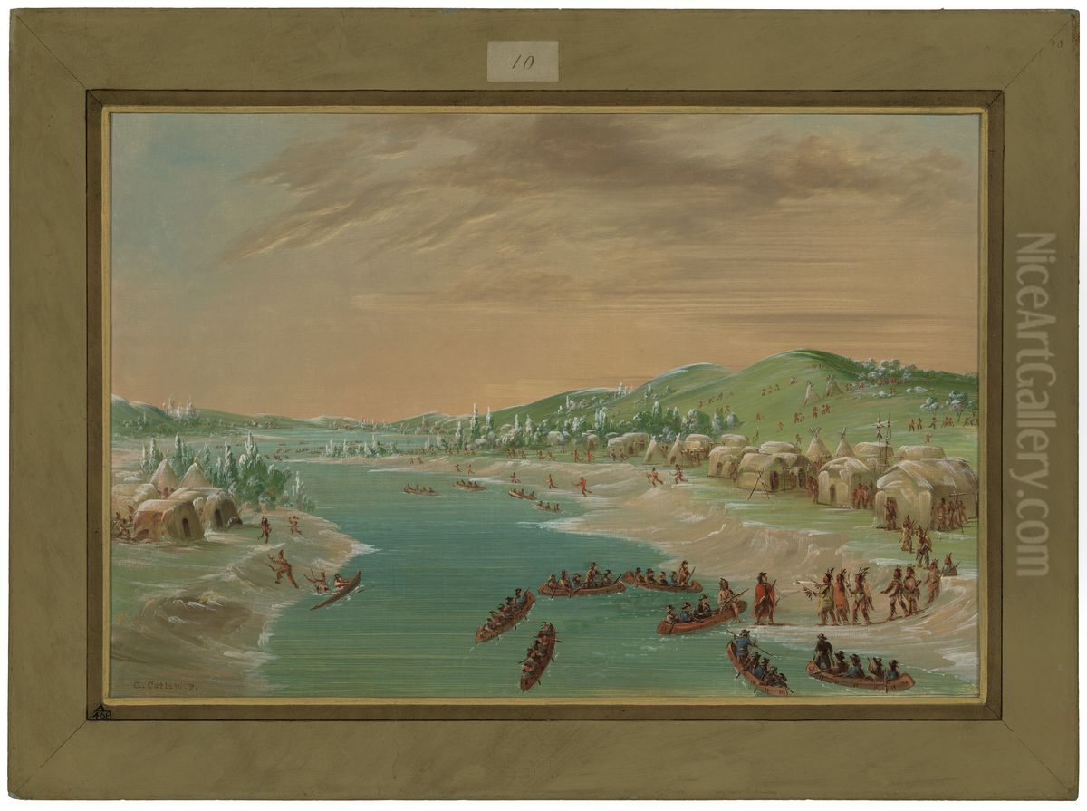La Salle and Party Arrive at the Village of the Illinois Oil Painting by George Catlin