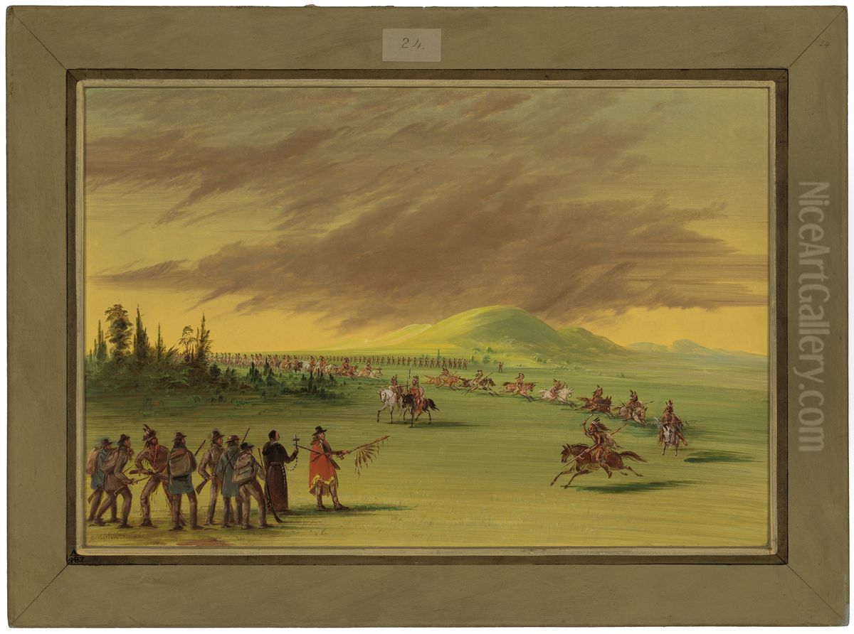 La Salle Meets a War Party of Cenis Indians on a Texas Prairie. C16091 Oil Painting by George Catlin