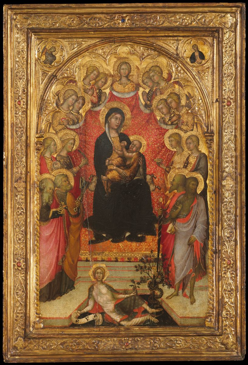 Madonna and Child Enthroned with Saint John the Evangelist, Saint Peter, Saint Agnes, Saint Catherine of Alexandria, Saint Lucy, an Unidentified Female Saint, Saint Paul, and Saint John the Baptist, w Oil Painting by Paolo Di Giovanni Fei