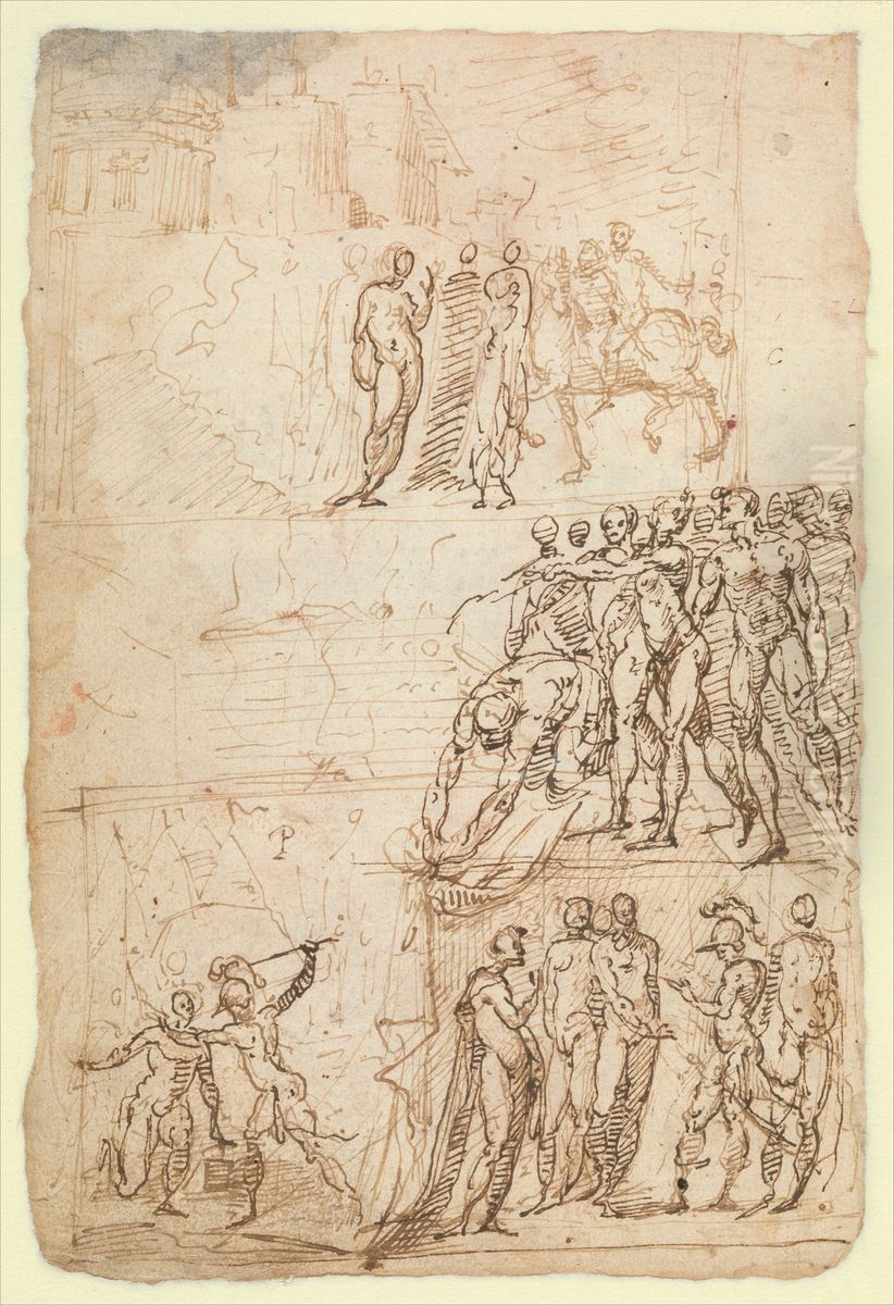 Page from a Sketchbook Depicting a City under Siege and a Scene of Homage(?) (recto); standing figures and a horseman; male and female figures; a battle scene (verso) Oil Painting by Domenico Beccafumi