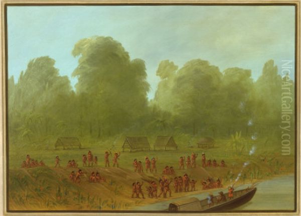 A Mayoruna Village Oil Painting by George Catlin