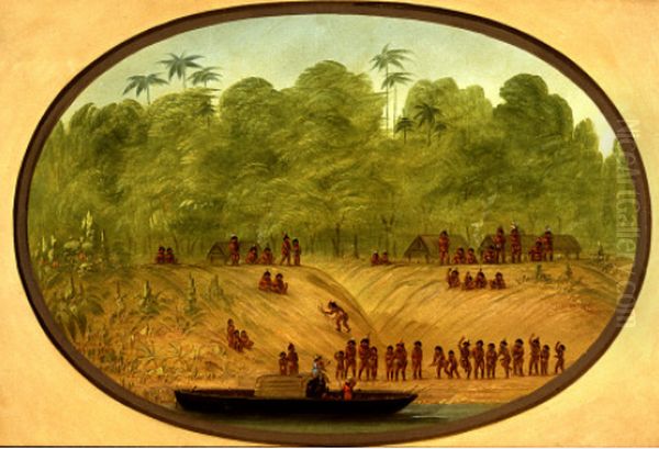 An Omagua Village - Boat Sketch Oil Painting by George Catlin