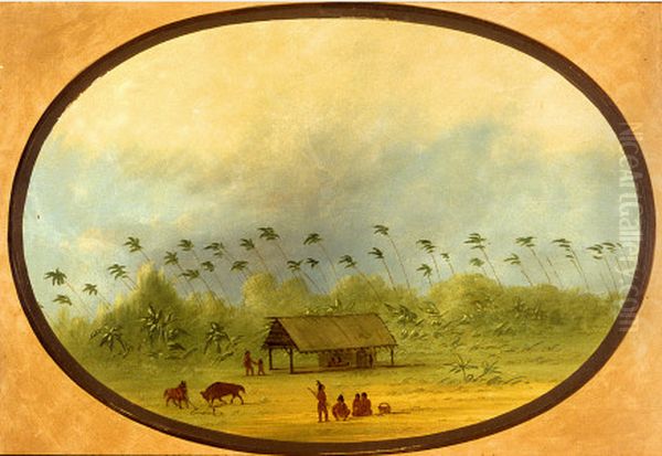 A Small Tobos Village Oil Painting by George Catlin