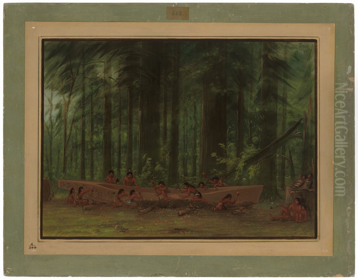 Excavating a Canoe - Nayas Indians Oil Painting by George Catlin