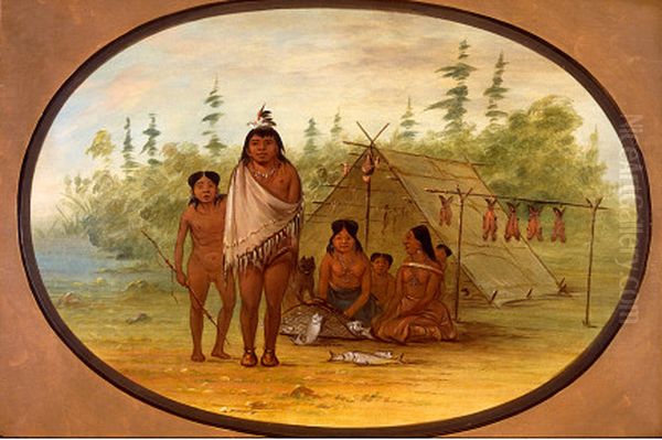 A Flathead Chief with His Family Oil Painting by George Catlin