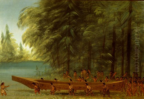Launching a Canoe - Nayas Indians Oil Painting by George Catlin
