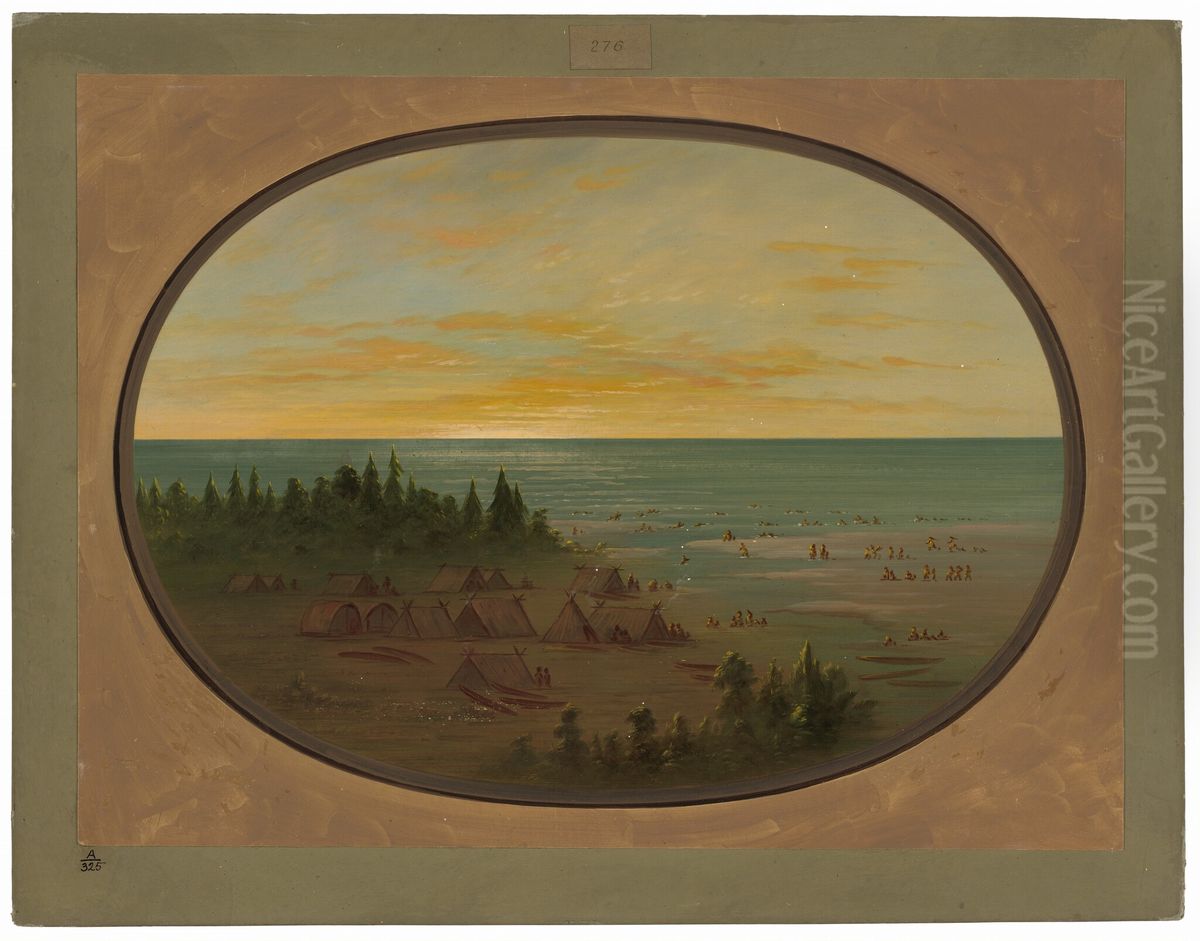 Nayas Village - Indians Bathing Oil Painting by George Catlin