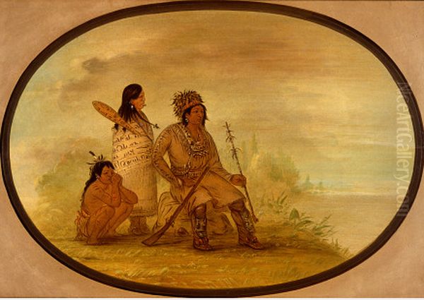 An Old Nayas Indian, His Granddaughter, and a Boy Oil Painting by George Catlin