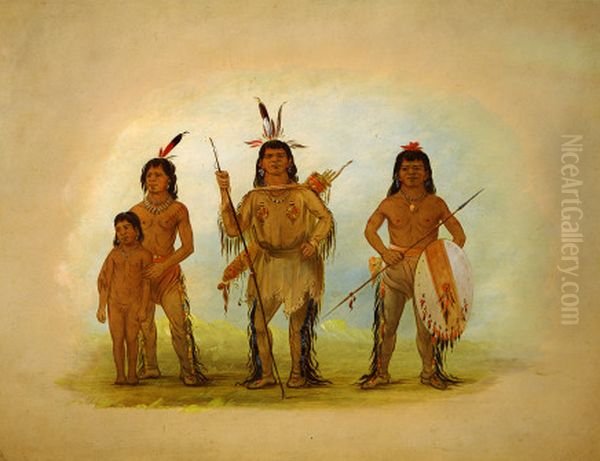 Spokan Chief, Two Warriors, and a Boy Oil Painting by George Catlin