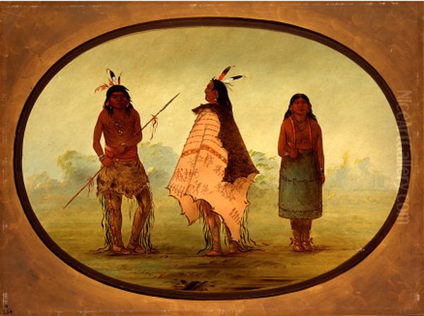 Two Apachee Warriors and a Woman Oil Painting by George Catlin