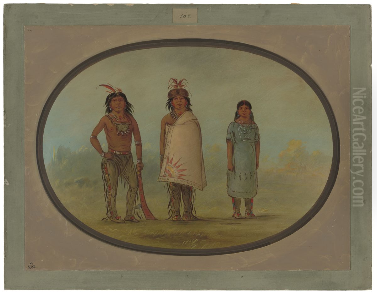 Two Chippewyan Warriors and a Woman Oil Painting by George Catlin