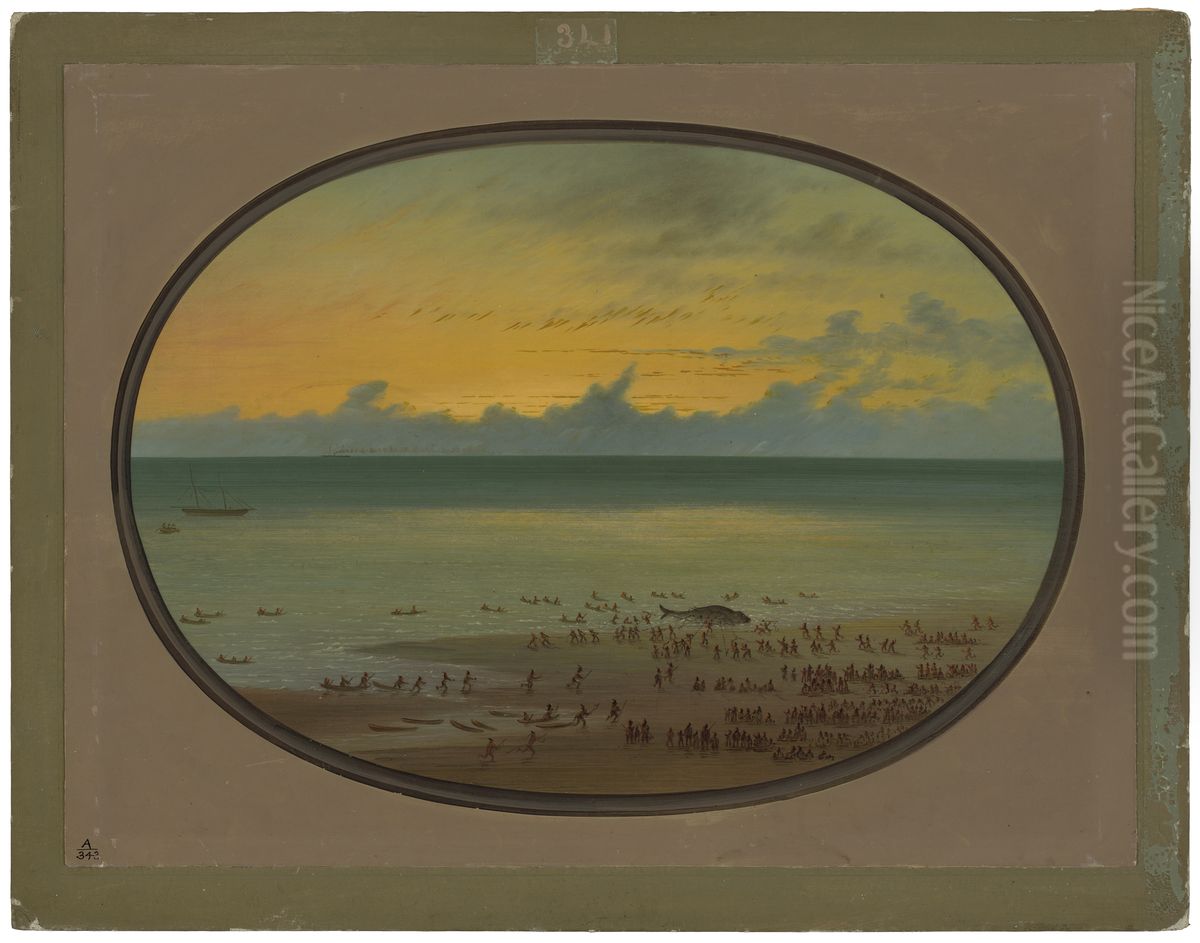 A Whale Ashore - Klahoquat Oil Painting by George Catlin