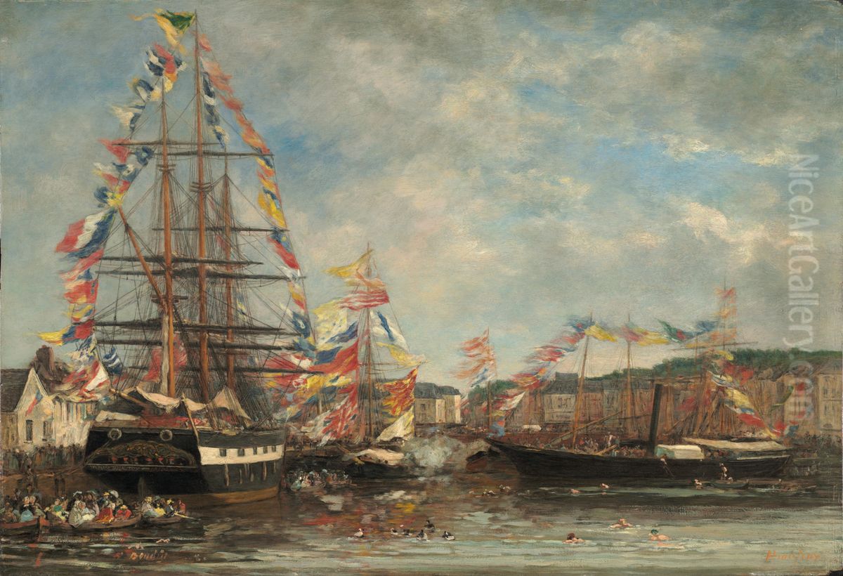 Festival in the Harbor of Honfleur Oil Painting by Eugene Louis Boudin