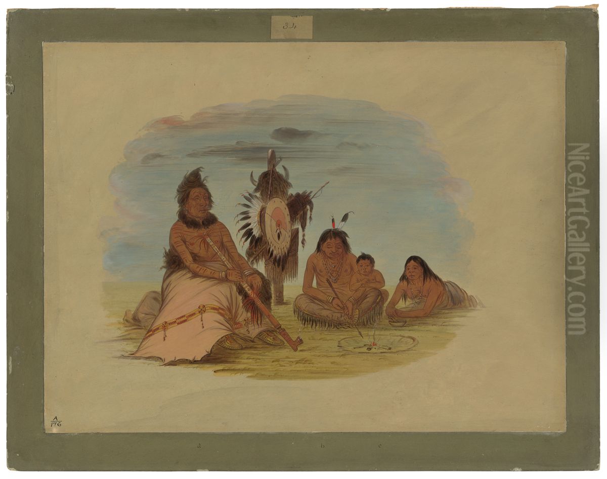 An Aged Minatarree Chief and His Family Oil Painting by George Catlin