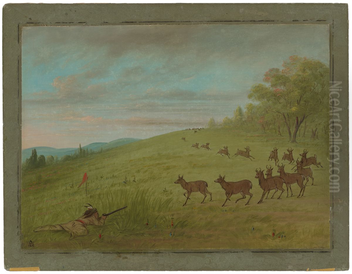 Antelope Shooting - Assinneboine Oil Painting by George Catlin