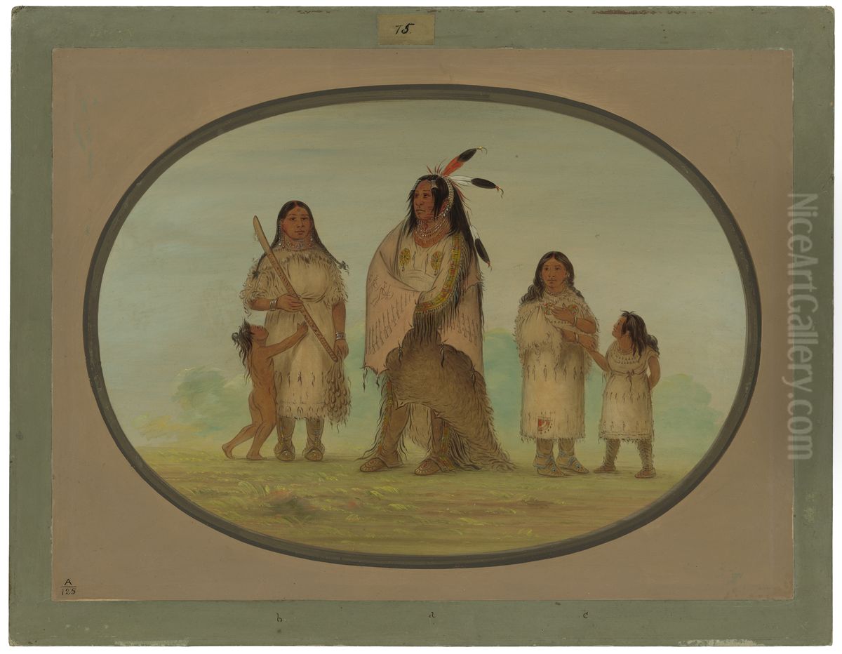 Assinneboine Warrior and His Family Oil Painting by George Catlin