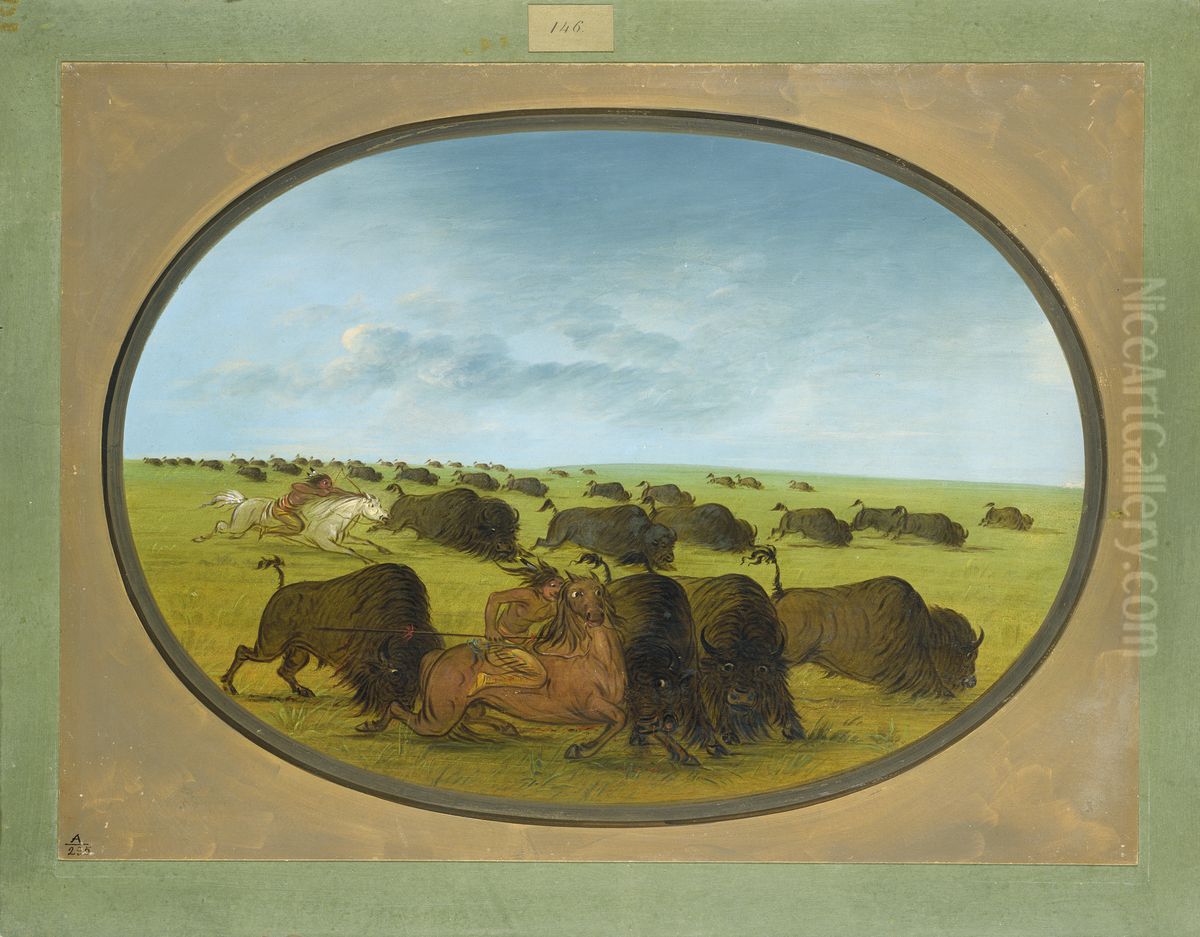 Buffalo Chase, with Accidents Oil Painting by George Catlin