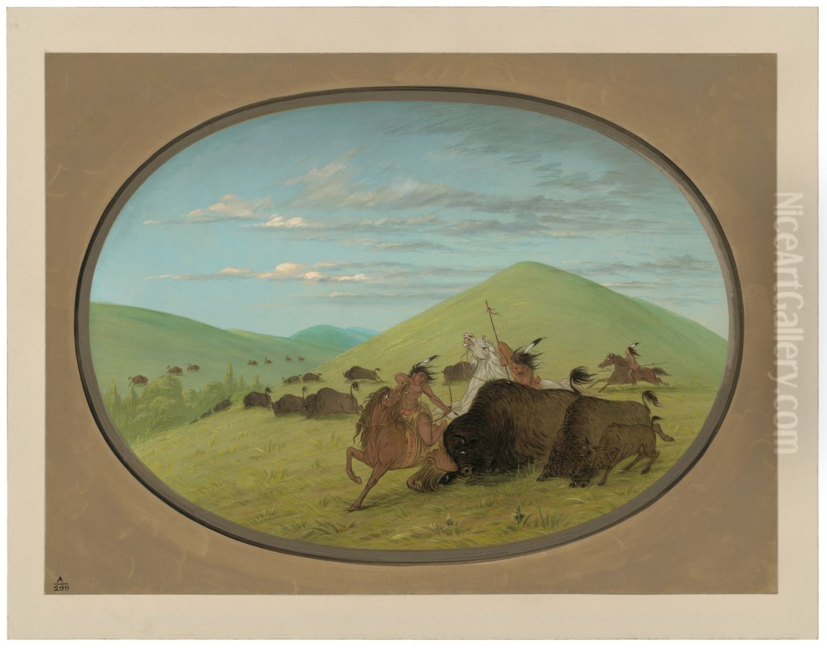 Buffalo Chase - Bulls Protecting the Calves Oil Painting by George Catlin