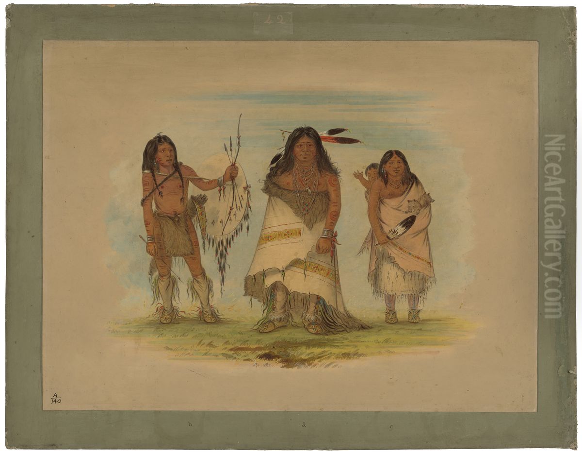 Camanchee Chief, His Wife, and a Warrior Oil Painting by George Catlin